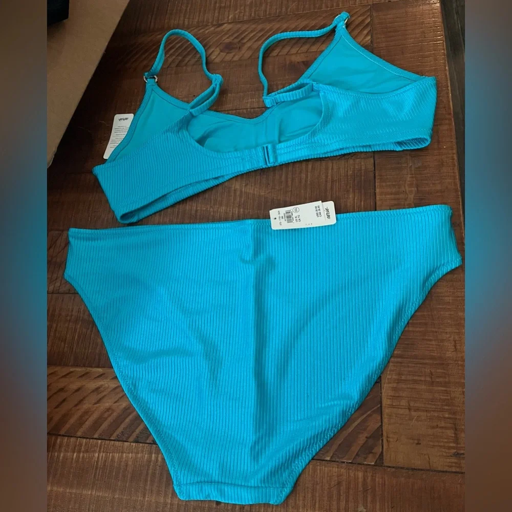 NWT Aerie FULL SET Beach Babe Shine Rib Voop Top + Full Coverage Bottom Blue